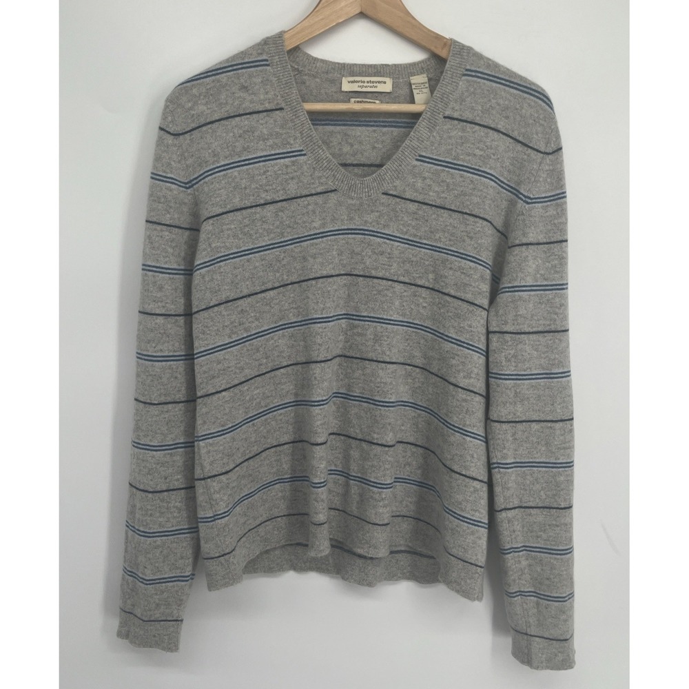 Valerie Stevens 100% Pure Cashmere Sweater Women's XL Gray Blue Quiet Luxury